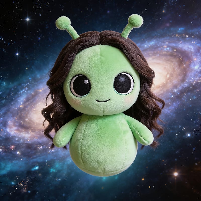 Green plush alien toy floating in a glittering galaxy of stars with a soft dreamy cosmic glow.