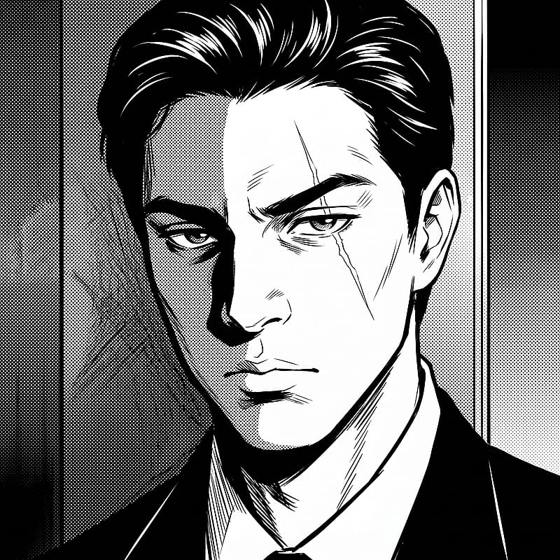 Black-and-white manga PFP of a scarred yakuza in a sharp suit, cold glare under heavy ink shadow and screentone.