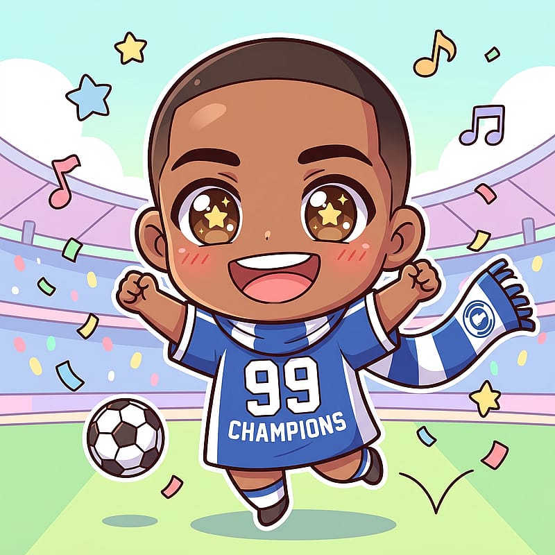 Cute chibi-style football fan jumping with joy, oversized head and small body, team colors and adorable celebration pose.