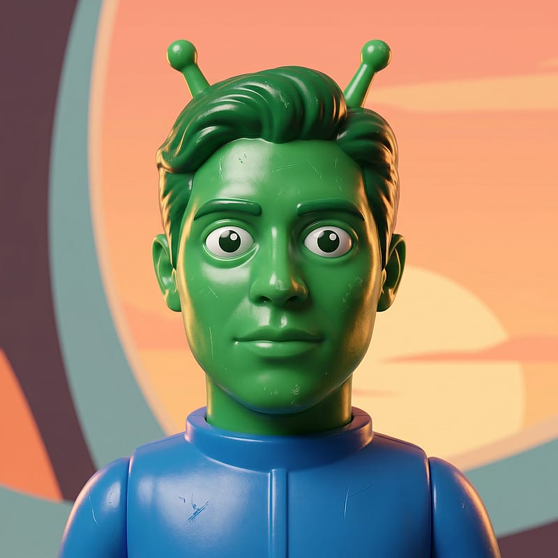 Vintage plastic toy alien with classic green skin and big eyes on a retro 60s space-age backdrop.
