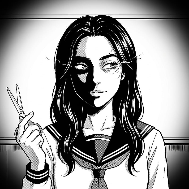 Monochrome manga PFP of a uniformed schoolgirl with a dark sideways glance, holding scissors, eerie calm screentone.
