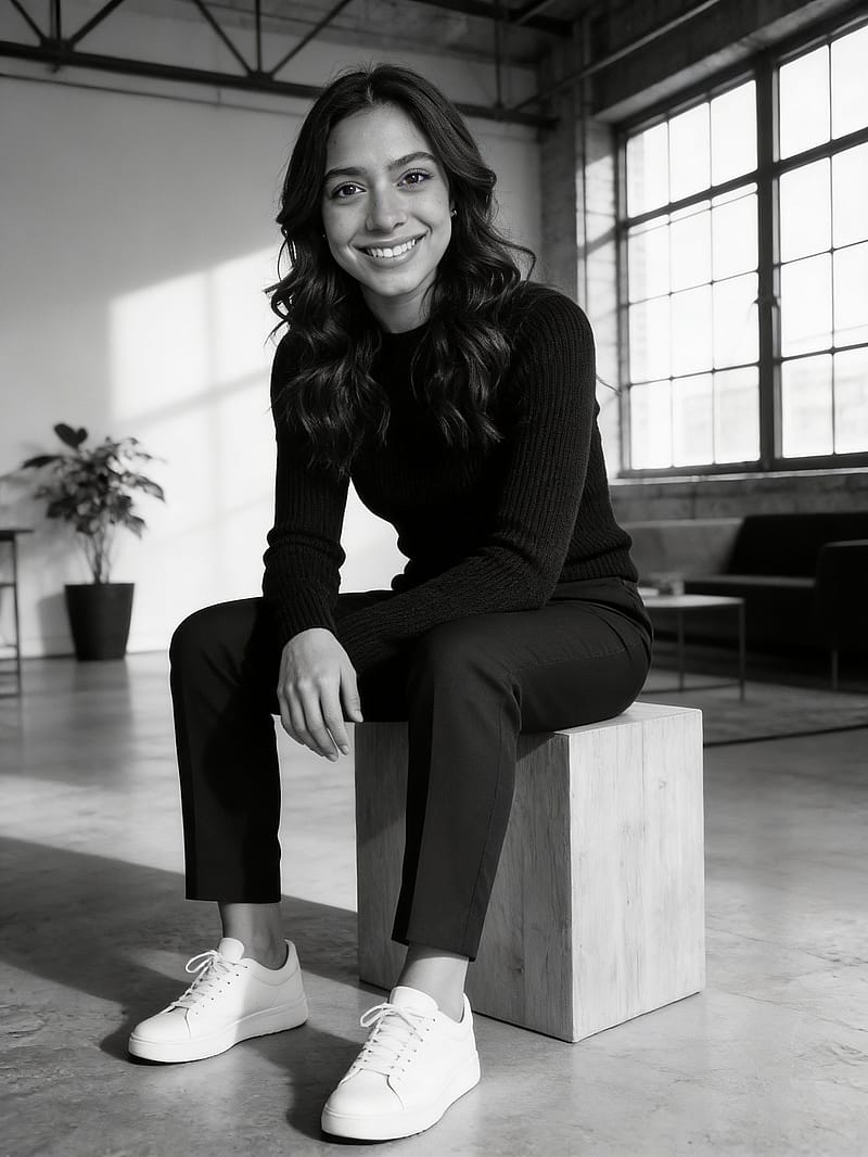Black and white editorial portrait on a wooden block in a modern loft, natural window light, clean aesthetic.