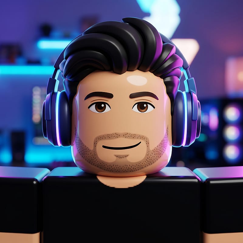 Roblox blocky avatar wearing chunky gaming headphones, energetic vibe, neon-accented blurred gaming studio background.