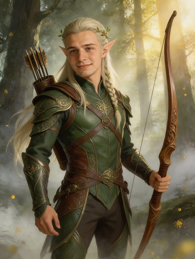 Agile elven archer fantasy OC with pointed ears, leather armor and a longbow in a misty golden forest.