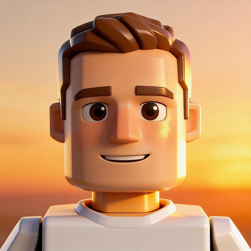 Modern Roblox 3D avatar in warm golden-hour light, semi-realistic cartoon render, sunset backdrop.