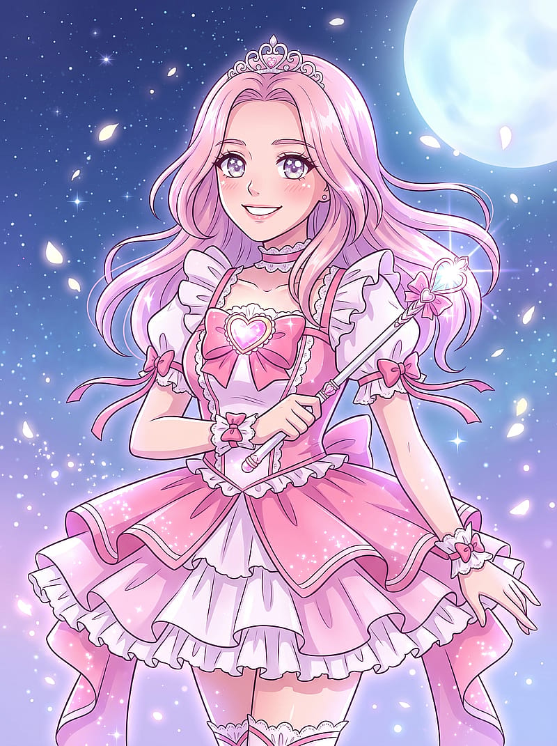 Sparkling magical girl anime OC in a pink ruffled battle dress with a glowing wand and starry sky backdrop.