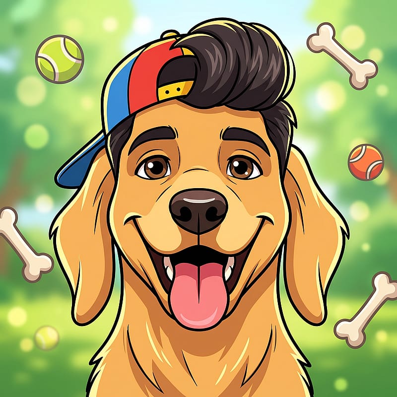 Cartoon dog wearing a baseball cap and sticking tongue out, joyful vibe, sunny park background.