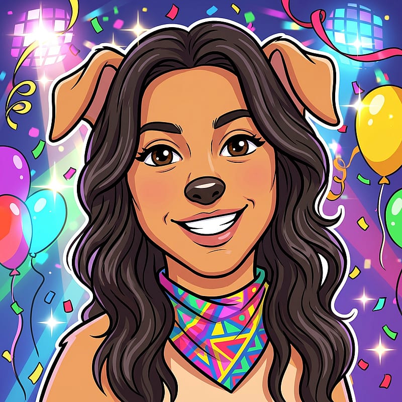 Cartoon dog wearing a colorful bandana surrounded by confetti, party vibe, festive background.