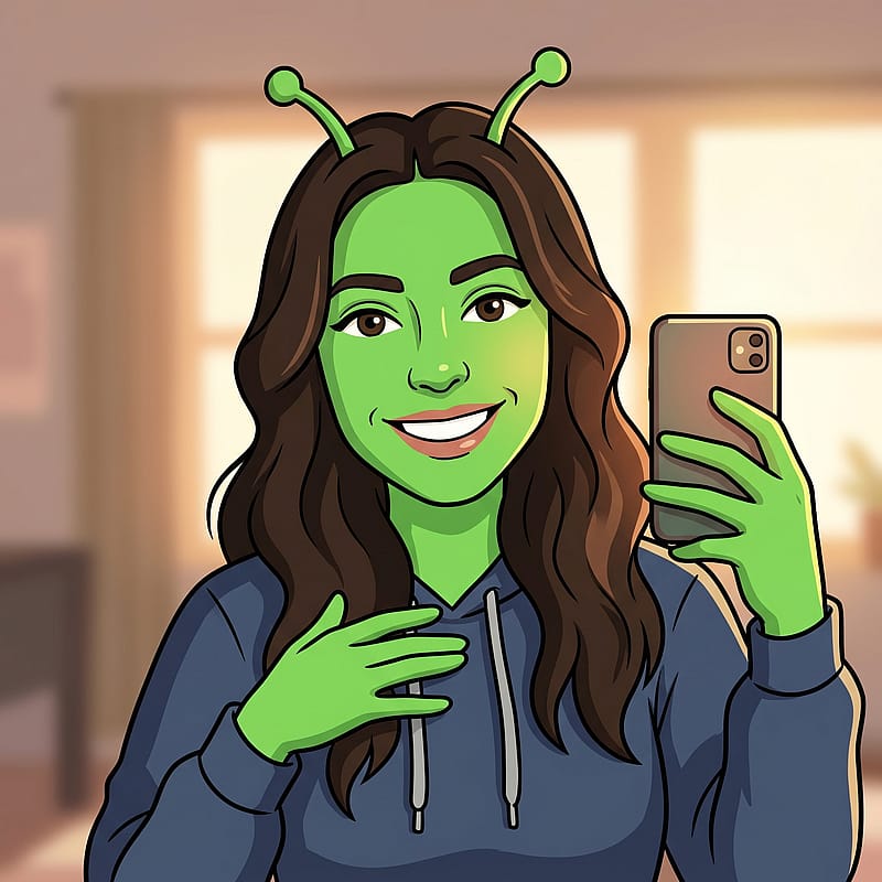 Cartoon alien in a hoodie taking a selfie, big round eyes and green skin, casual indoor background.