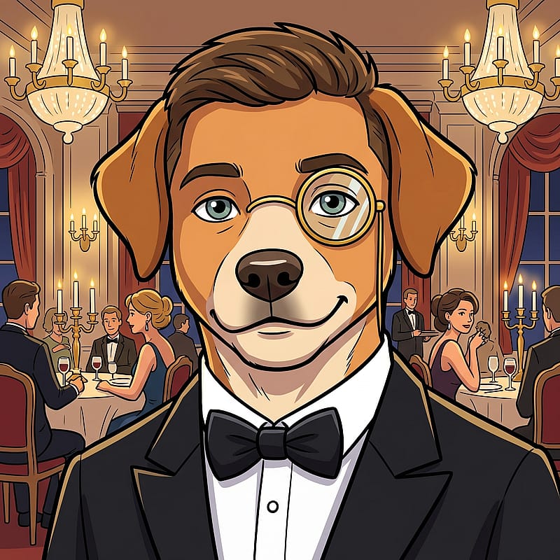 Cartoon dog in a bow tie and tuxedo, refined gentleman meme, fancy dinner background.