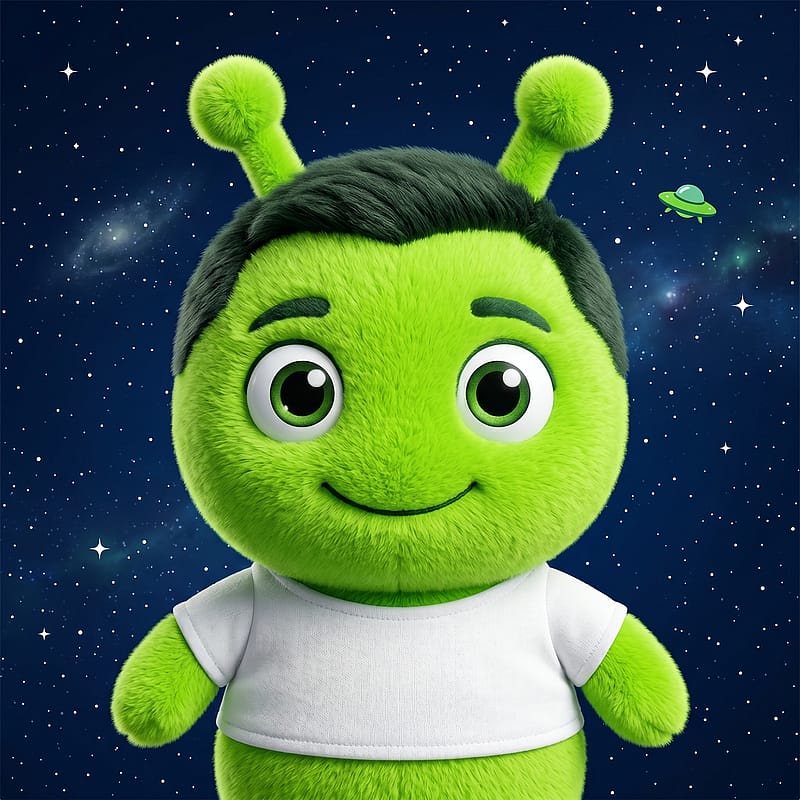 Cute green plush alien toy portrait with big round eyes and short antennae on a starry space background.