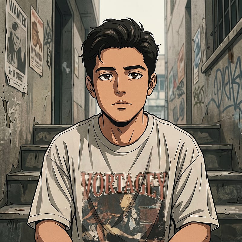 Anime character sitting on weathered concrete steps, grunge aesthetic, washed-out film grain, urban decay backdrop.