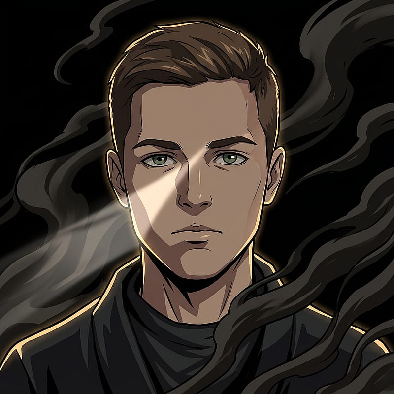 Anime character surrounded by drifting dark smoke, moody noir aesthetic, single-source dramatic light.