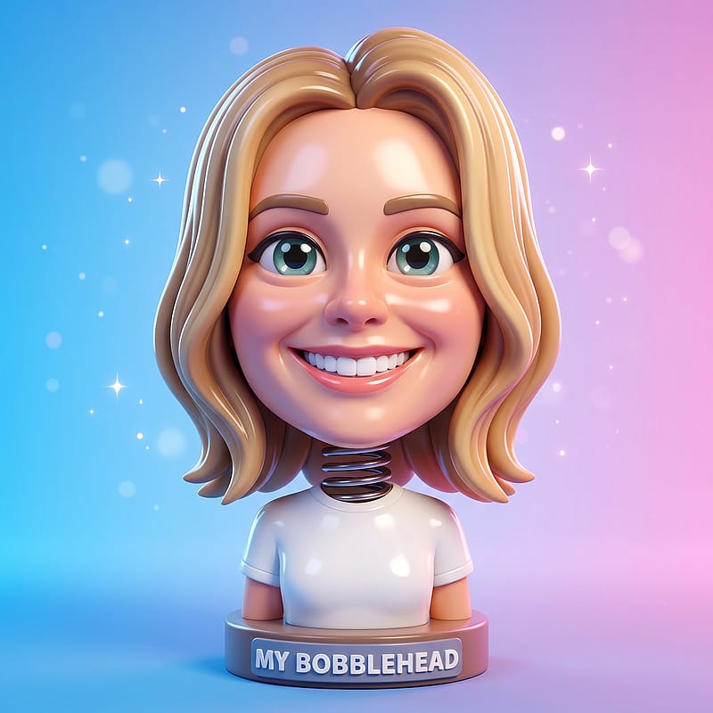 Cartoon bobblehead figure with oversized head and small body, collectible toy meme vibe.