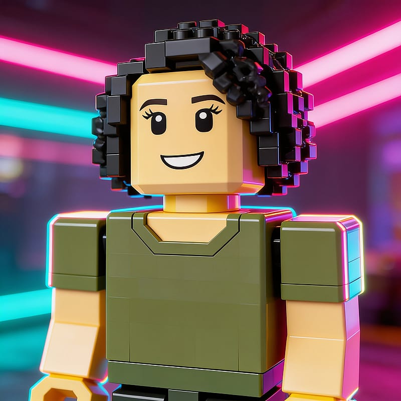 Roblox blocky avatar with neon pink and cyan glow, vibrant plastic 3D render, cyber city backdrop.