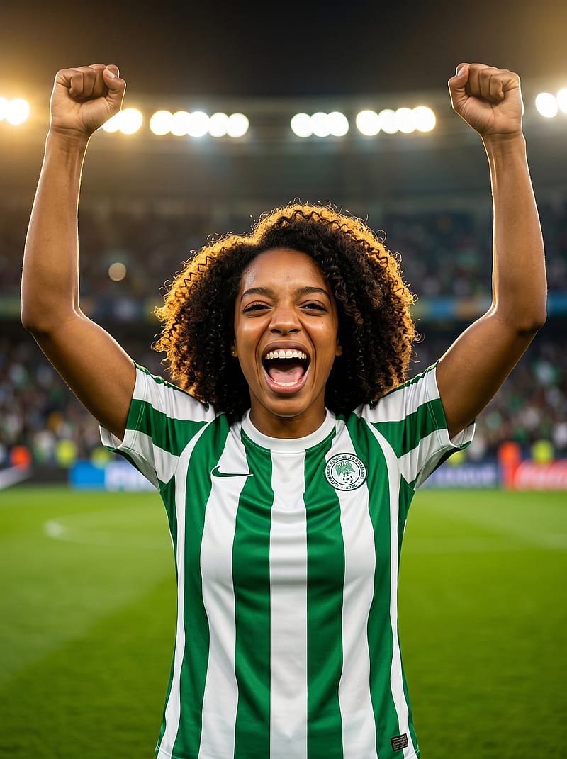 Fan in a national team jersey with raised arms and roaring celebration, packed stadium lights and green pitch background.