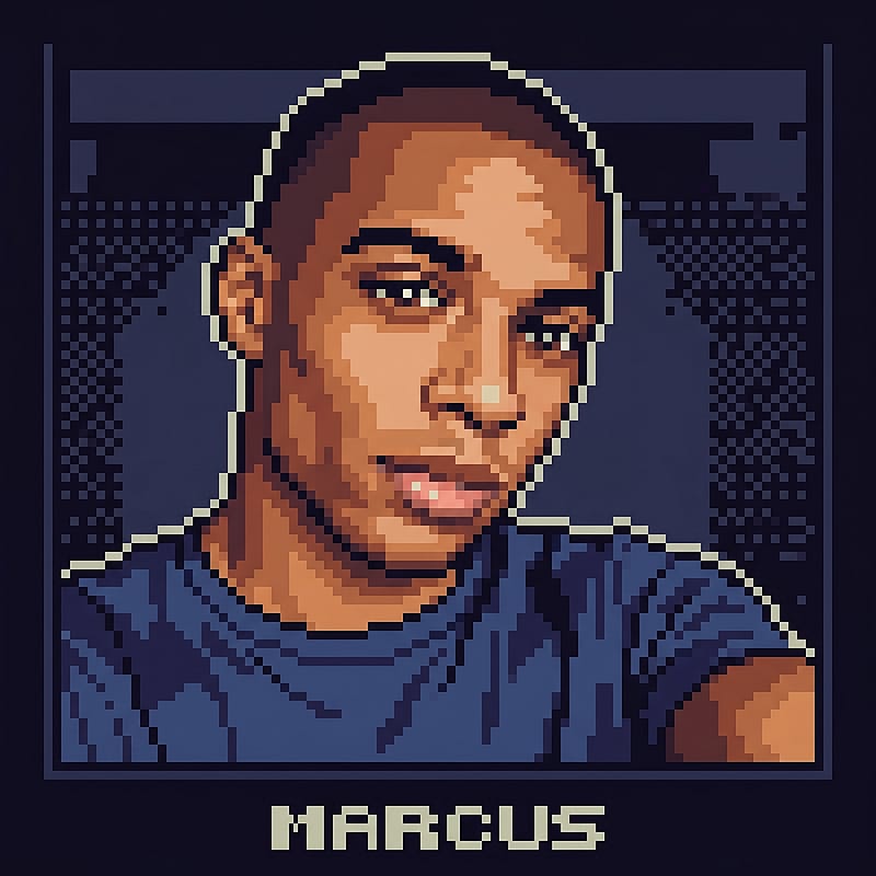 8-bit pixel art style portrait with blocky pixels and limited color palette, retro video game aesthetic
