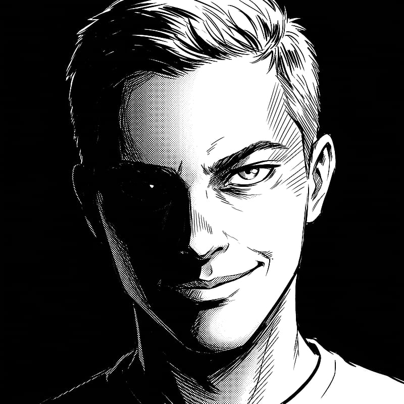 Monochrome manga PFP with a sinister dark grin half-hidden in shadow, one sharp eye glowing white in the black.