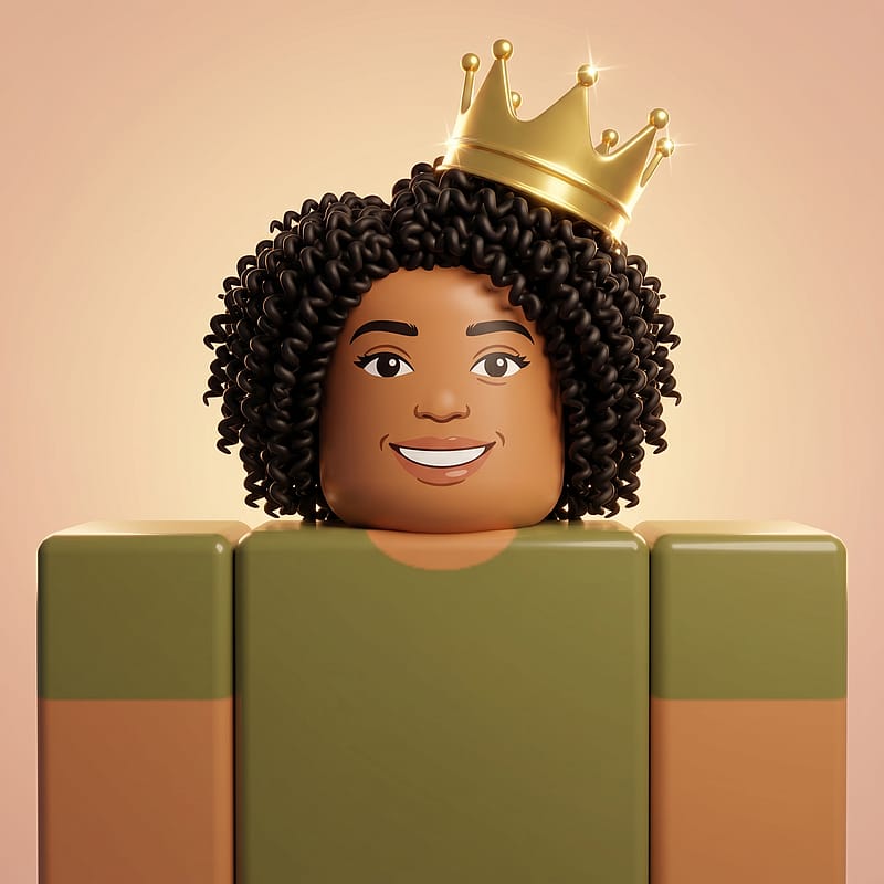 Roblox blocky avatar wearing a golden crown, glossy plastic 3D render, warm gradient backdrop.