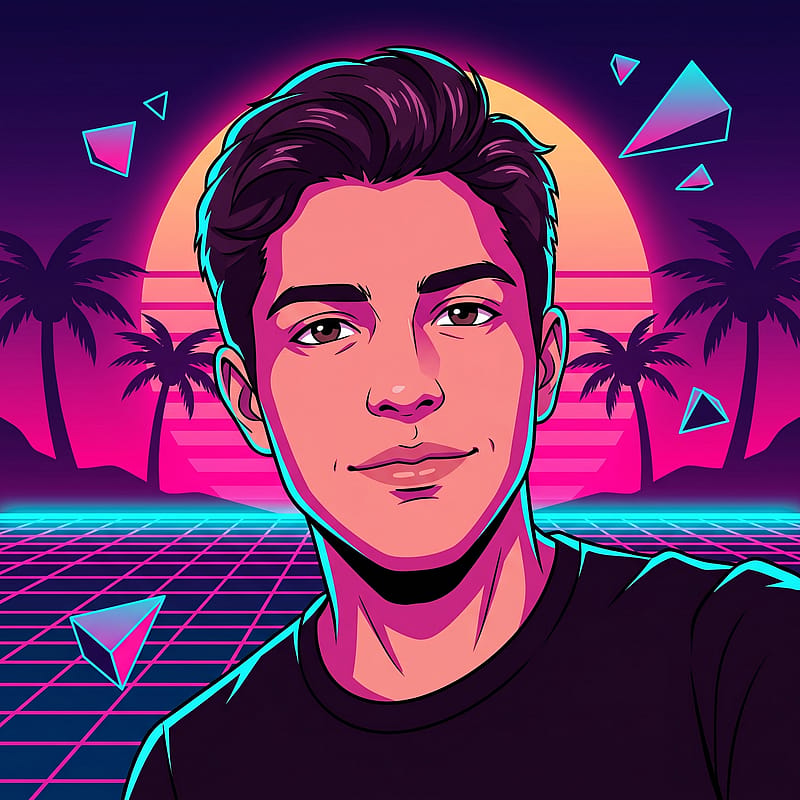 Anime character against a classic 80s synthwave sunset grid, hot pink and cyan palette, vaporwave vibe.