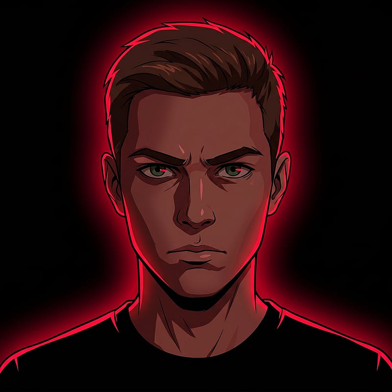 Anime character with crimson red rim light on a pure black background, film noir cinematic mood.