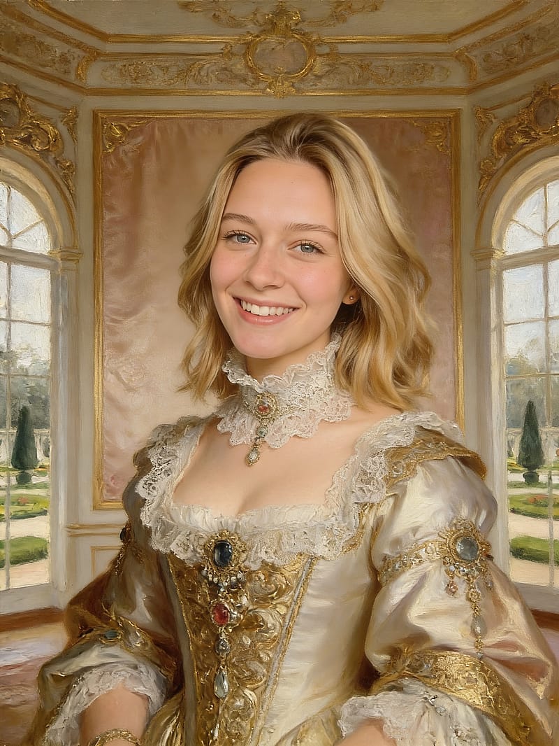 Ornate Rococo period portrait with lavish decorative details, gilded frame aesthetic, and aristocratic elegance.