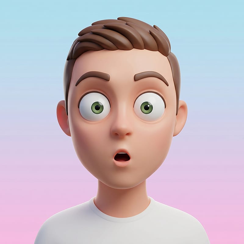 Cartoon character with oversized wide eyes and exaggerated surprised expression, quirky meme vibe.