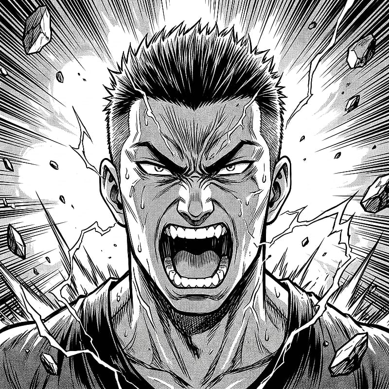 Monochrome manga PFP of a screaming power-up, hair standing on end with explosive radiating energy aura lines.