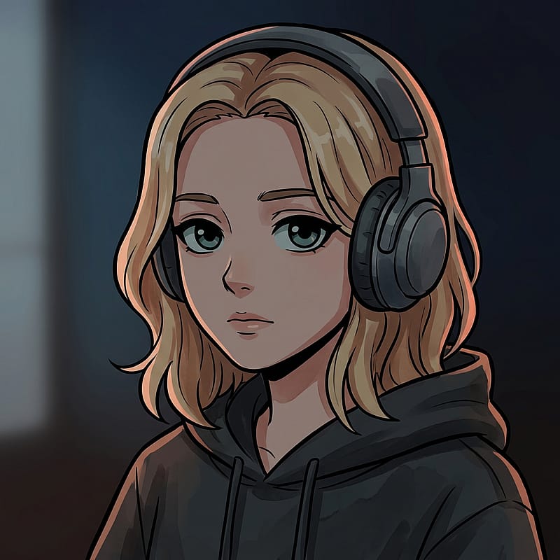 Anime girl with oversized headphones, sad-aesthetic mood, dark moody background, lo-fi study vibe.
