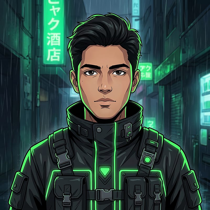 Anime character in futuristic techwear with neon green accents, dark urban backdrop, edgy cyberpunk vibe.