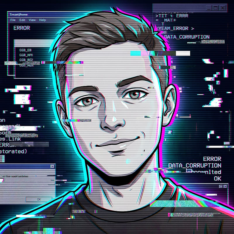 Anime face with RGB glitch distortion effect, digital static, cybercore glitch aesthetic.