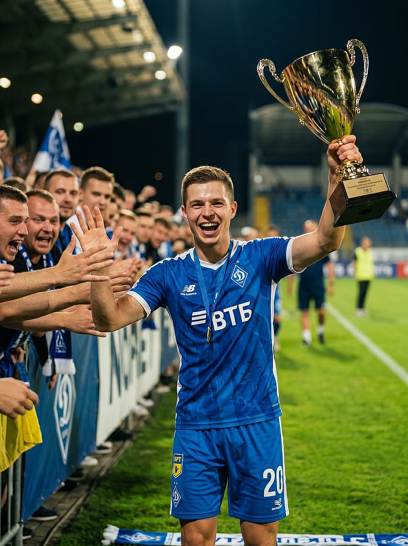 Fan holding a golden trophy aloft during a victory lap, walking along stadium edge with fans reaching out in the background.