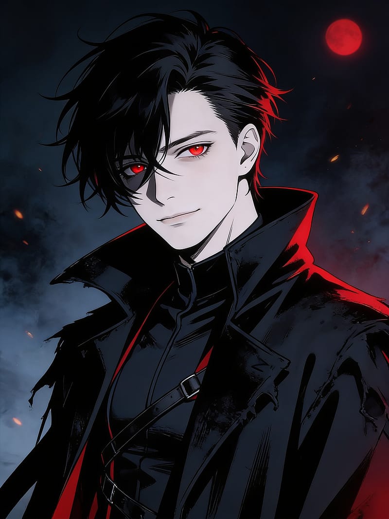 Brooding dark anime antihero OC in a black tattered coat with glowing crimson eyes and deep shadows.